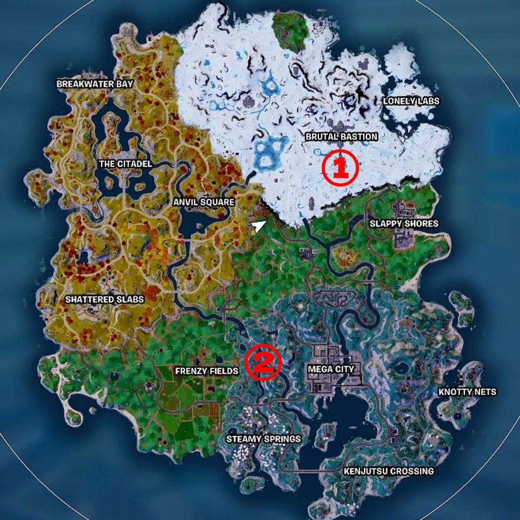 Fortnite map with the locations of Gusty Gorge and Windrush Ravine marked
