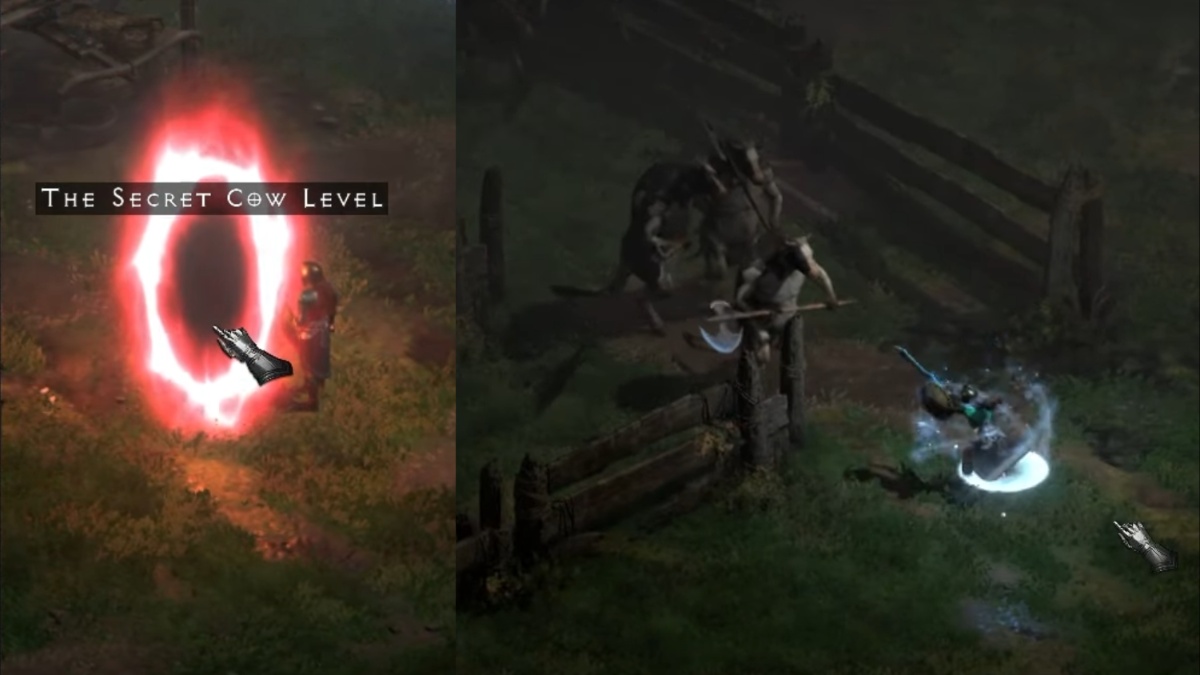 Collage of The Secret Cow Level portal and fighting cows in the scret cow level in Diablo 2