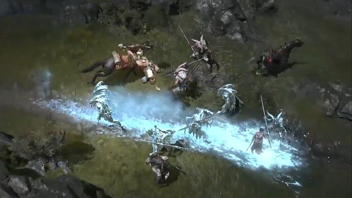 Barbarian using the Bounding Slam  dismount skill on enemies in Diablo 4