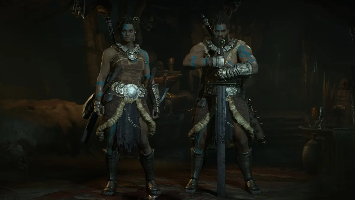 Wide shot of Diablo 4's male and female Barbarian