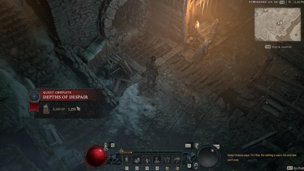 Talking to Sister Octavia and receiving quest rewards in the Depths of Despair side quest in Diablo 4