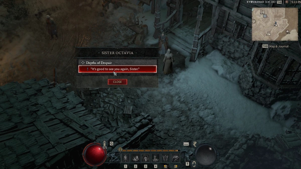 Talking with Sister Octavia at the beginning of the Depths of Despair side quest in Diablo 4