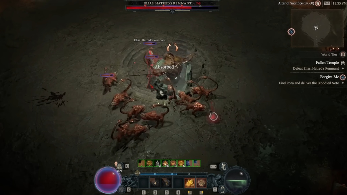 Druid in Werebear form fighting against an elite enemy Boss in the Fallen Temple in Diablo 4