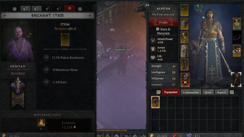 Diablo 4: How to Upgrade Gear - enchanting an armor piece with the Occultist