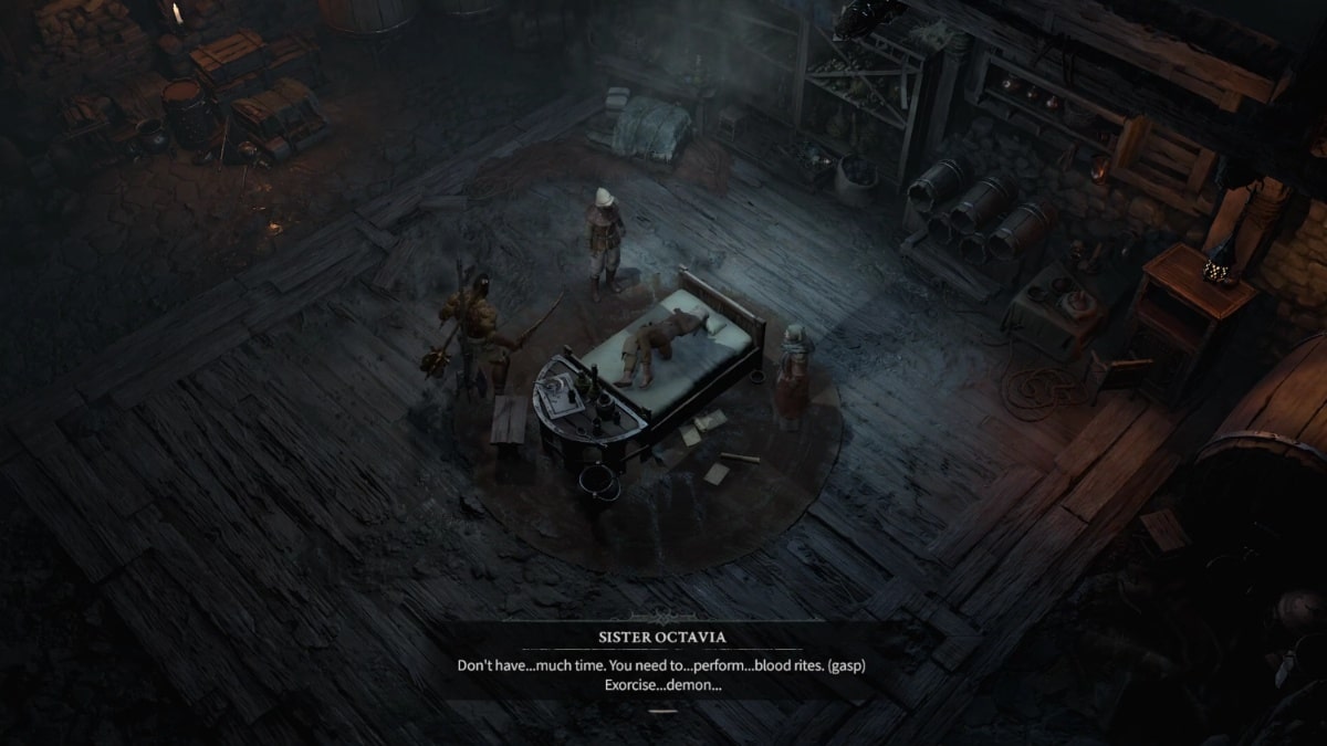 Player character, Petr and Kvera standing around Sister Octavia lying in bed during the Faith in Blood Side Quest in Diablo 4