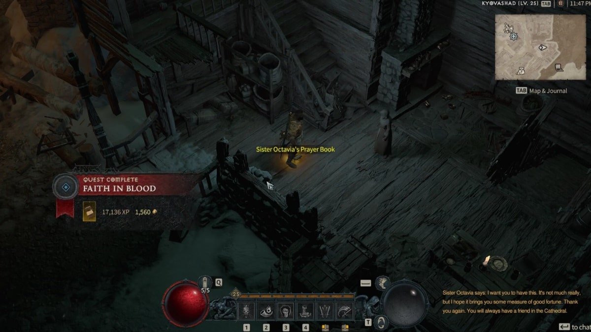 Talking to Sister Octavia and receiving Sister Octavia's Prayer Book as a quest reward during the Faith in Blood Side Quest in Diablo 4