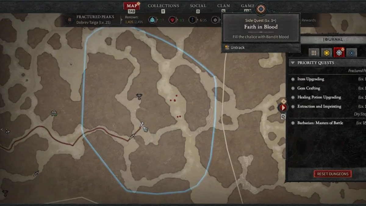 Side Quest area of the map highlighting bandits to kill as red dots during the Faith in Blood Side Quest in Diablo 4