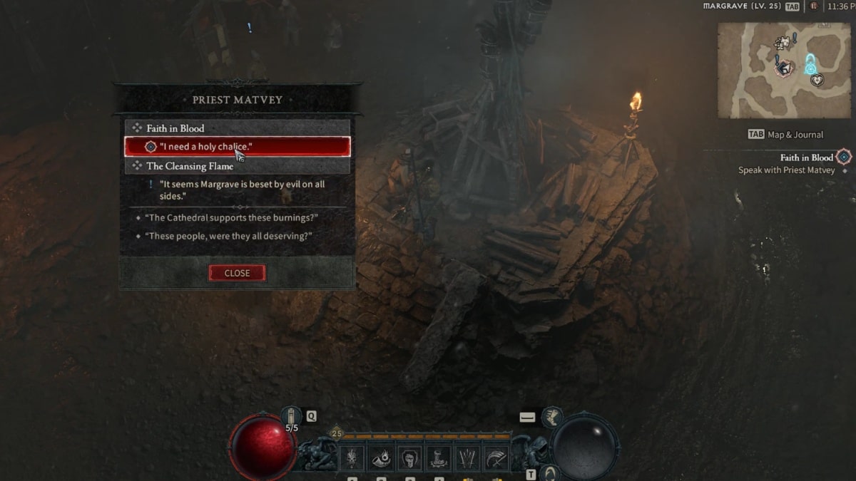Speaking with Priest Matvey near the Pyre in Margrave during the Faith in Blood Side Quest in Diablo 4