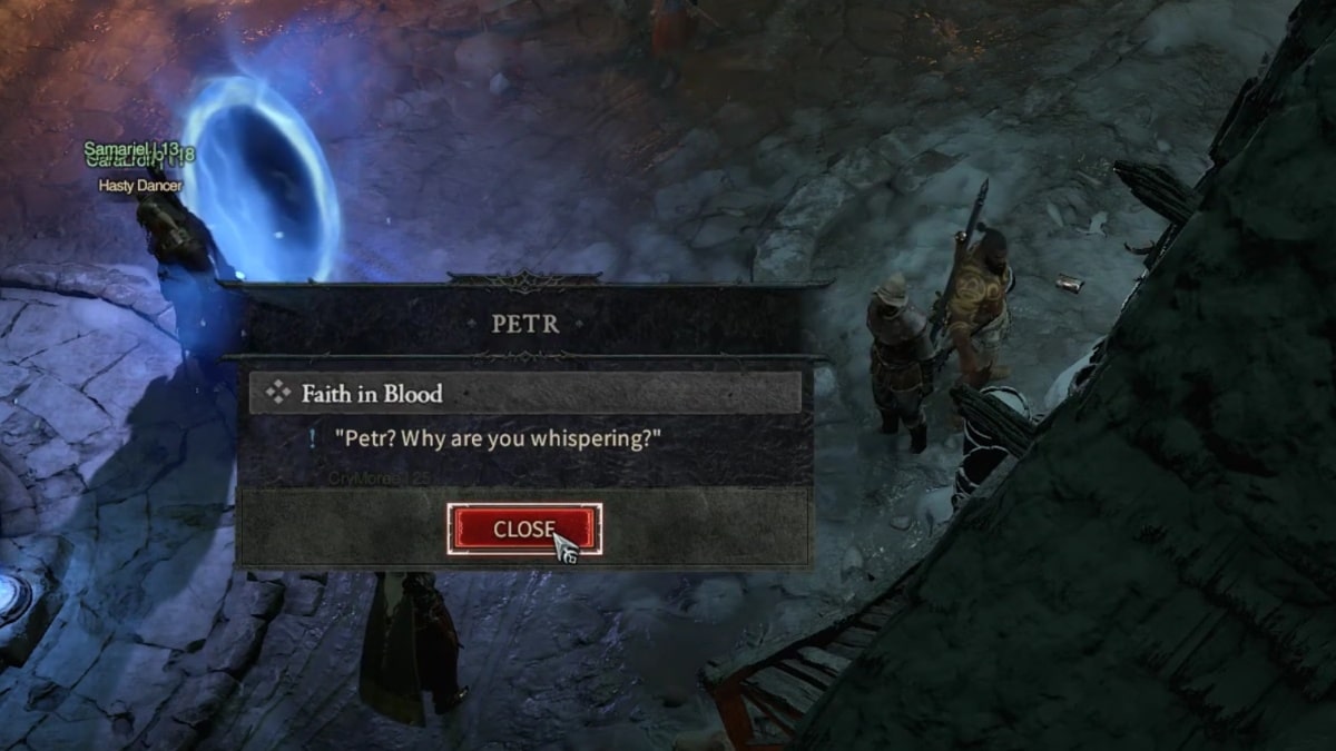 Talking with Petr at the beginning of the Faith in Blood Side Quest in Diablo 4