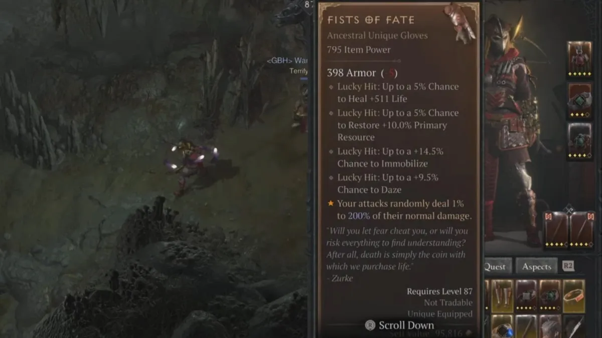 Stats of the Fists of Fate Unique Gloves from within the player inventory screen in Diablo 4