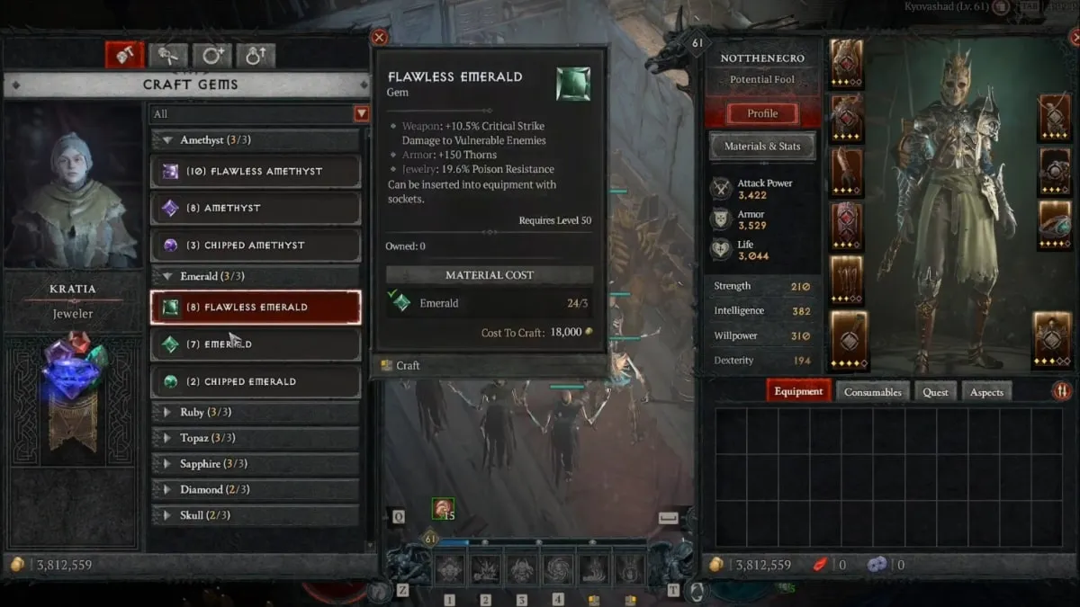 Looking at a Flawless Emerald in the Jeweler's inventory screen in diablo 4