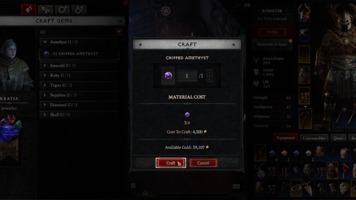 Crafting a Chipped Amethyst at the Jeweler in Diablo 4