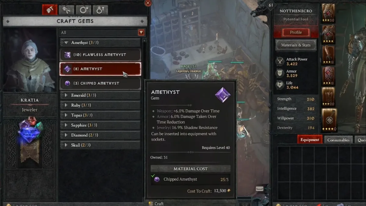 in the Jeweler Vendor's inventory screen in Diablo 4