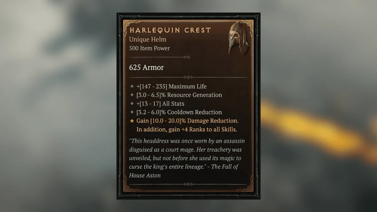 Harlequin Crest Unique Helm item description against a blurred image of combat in Diablo 4