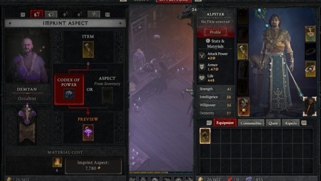 Diablo 4: How to Upgrade Gear - imprinting a Legendary Aspect onto an armor piece with the Occultist