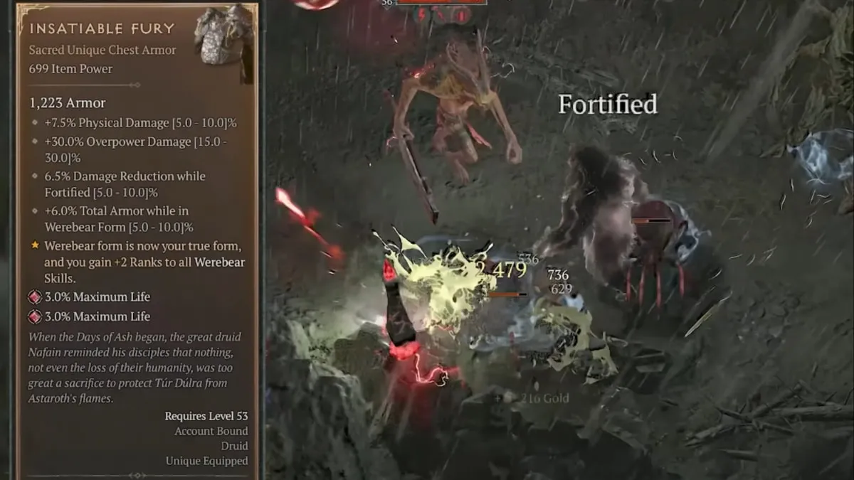 Insatiable Fury chest armour info showing affixes and unique effect overlaid over gameplay of a Druid in combat in Werebear form in Diablo 4