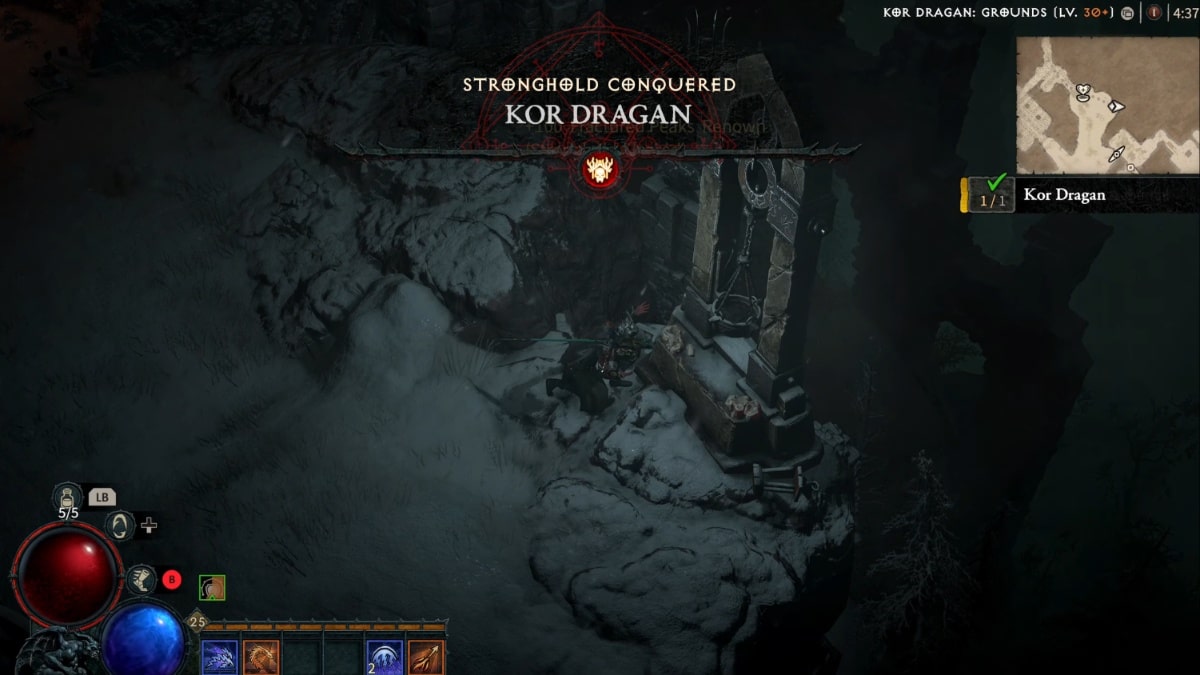 Player character praying at a shrine after completing the Kor Dragan Stronghold in Diablo 4