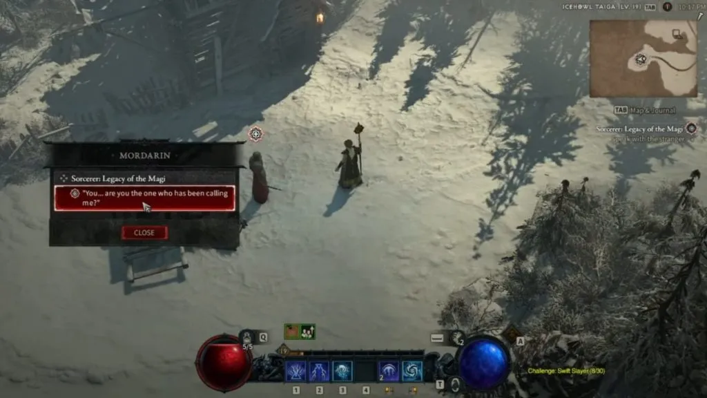 Talking to Modarin in Icehowl Taiga to initiate the Legacy of the Magi quest in Diablo 4