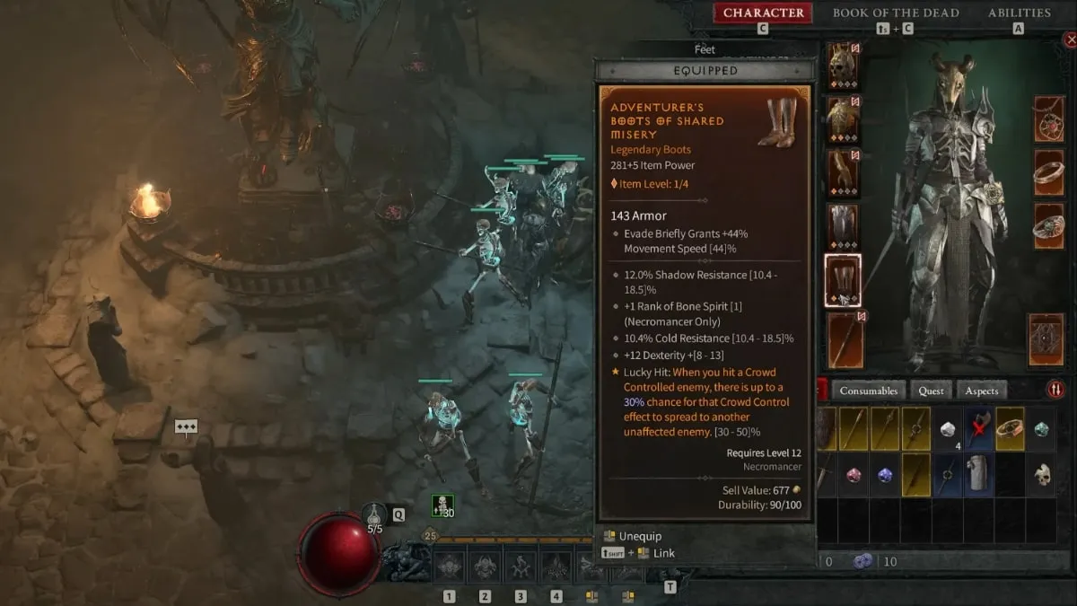 Highlighting the Adventurer's Boots of Shared Misery and its special Lucky Hit Effect in the inventory screen of Diablo 4