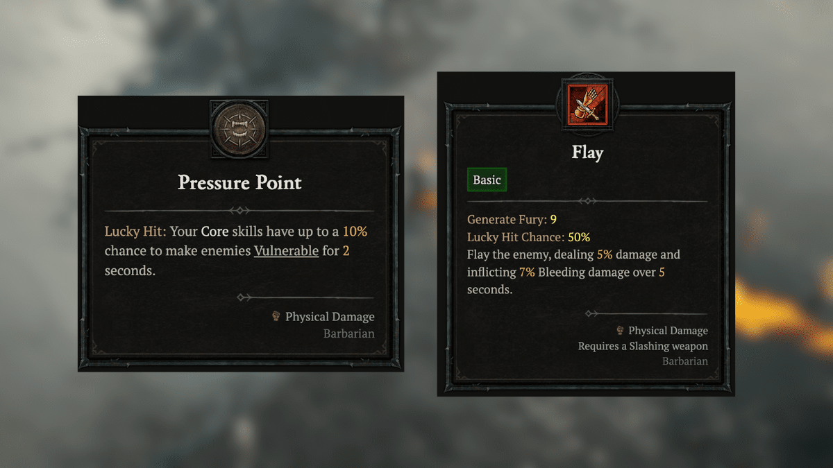 Information of Barbarian skills -  passive skill 'Pressure Point' and Basic skill 'Flay' in front of a blurred image of combat in Diablo 4