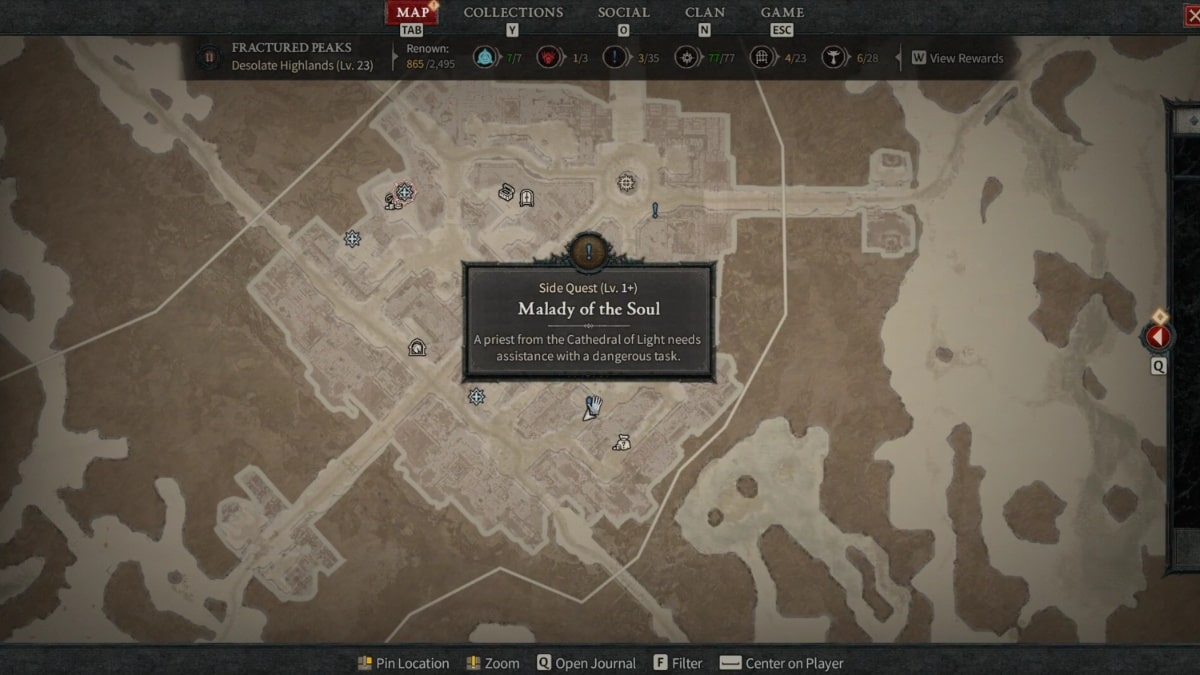 Diablo 4 Malady of the Soul Side Quest icon on the map