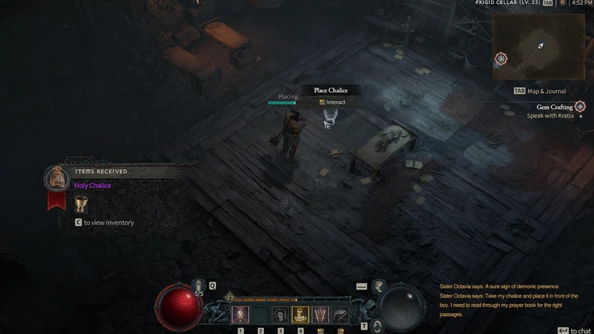 Placing the Holy Chalice in the Frigid Cellar in the Malady of the Soul side quest in Diablo 4