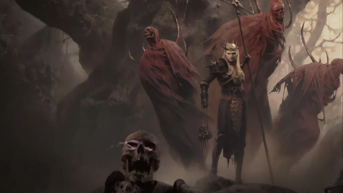Necromancer surrounded by skeletal minions in concept art for Diablo 4