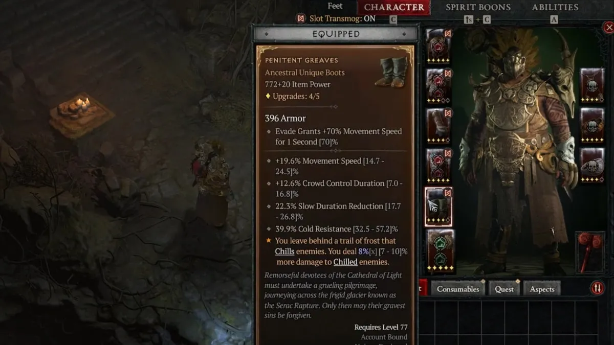 Highlighting the Penitent Greaves Unique Boots item inside player inventory menu in Diablo 4