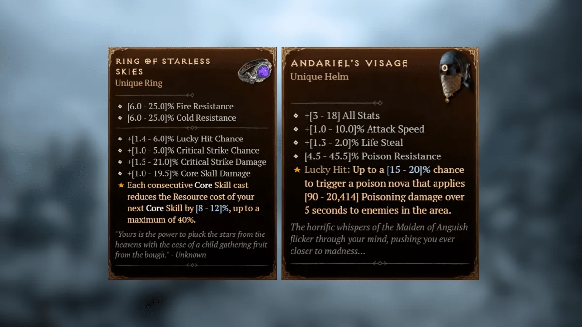 Stats of Ting of Starless Skies and Andariel's Visage Unique Items in front of a blurred image of the Fractured Peaks region in Diablo 4