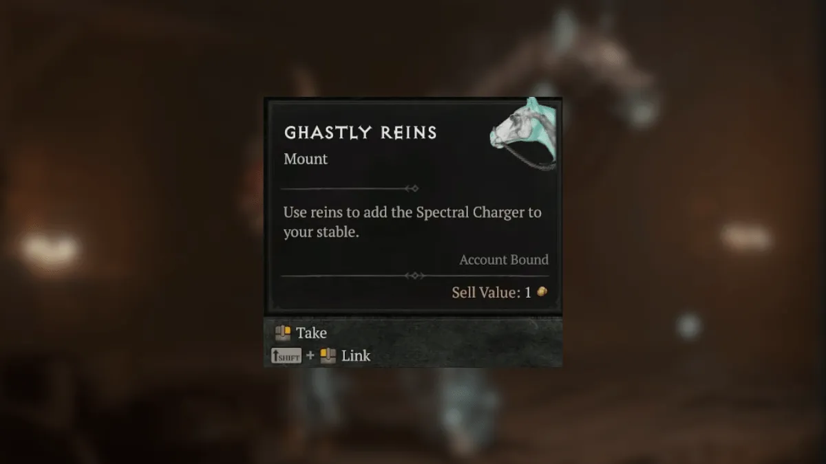 Ghastly Reins item description and image with a blurred image of the Spectral Charger mount in Diablo 4