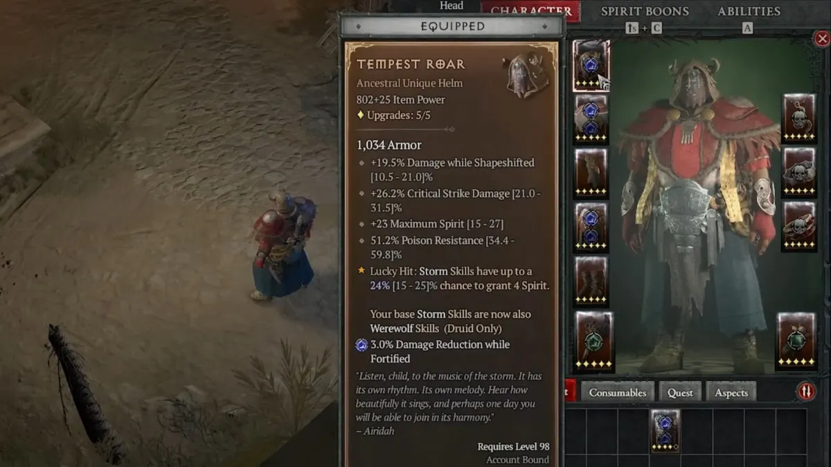 Inside the inventory screen of a Druid character, looking at the Tempest Roar Unique Helm in Diablo 4