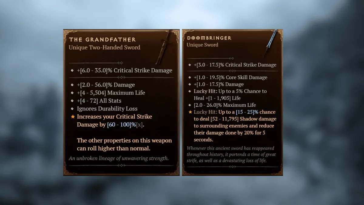 Stats of The Grandfather and Doombringer Unique Items in front of a blurred image of the Fractured Peaks region in Diablo 4
