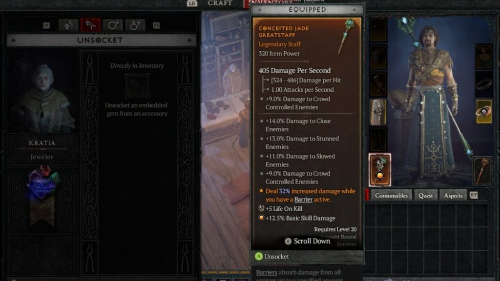 Diablo 4: How to Upgrade Gear - unsocketing a gem from a weapon with the Jeweler