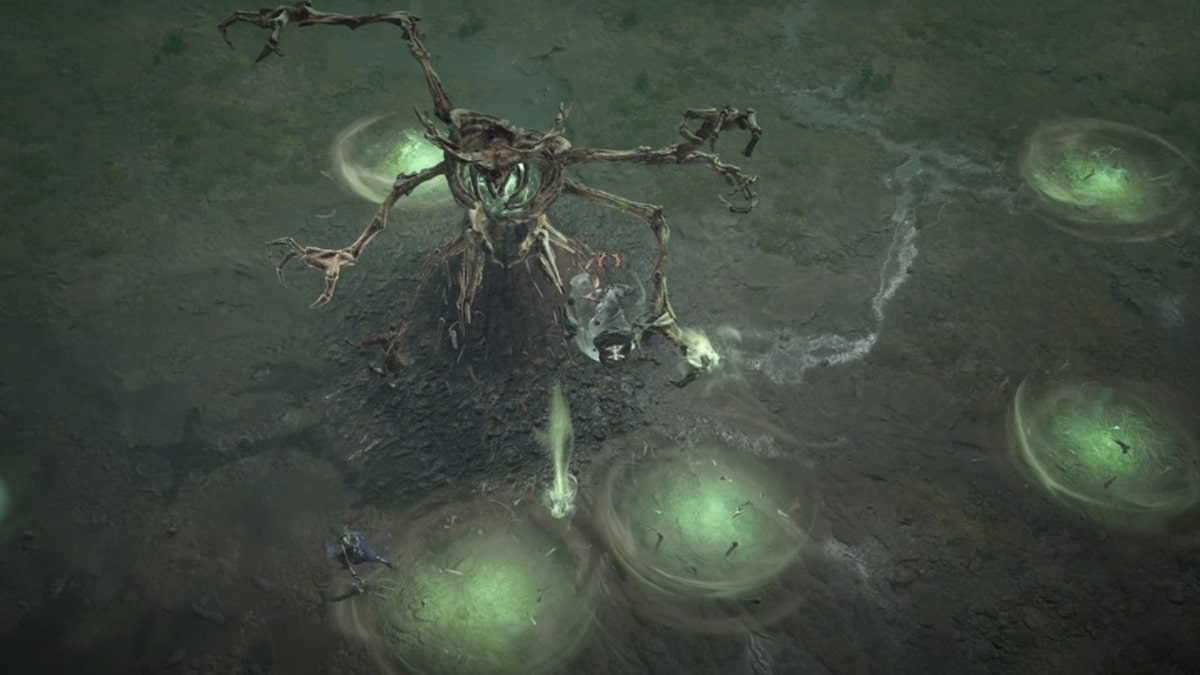 World Boss Event showing two players fighting against the Wandering Death World Boss in Diablo 4