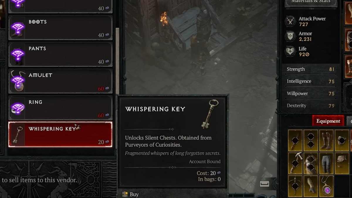 Buying a Whispering Key from the Purveyor of Curiosities Vendor in Diablo 4
