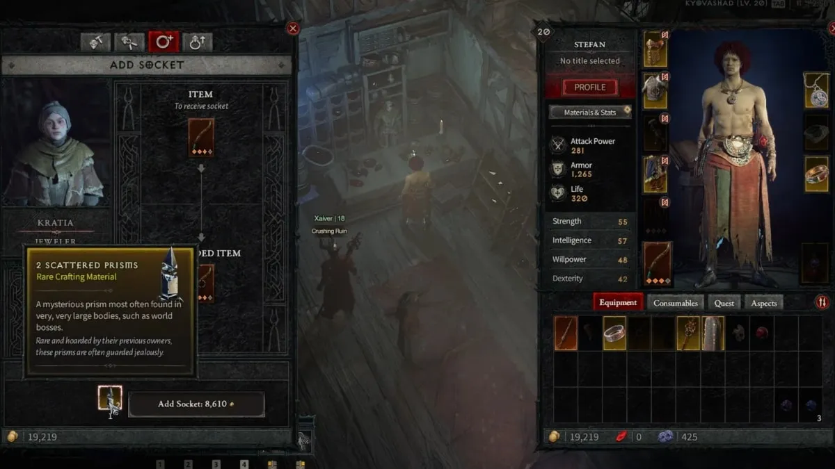 Using the Jeweler vendor to add a socket to a piece of gear using the Scattered Prisms in Diablo 4