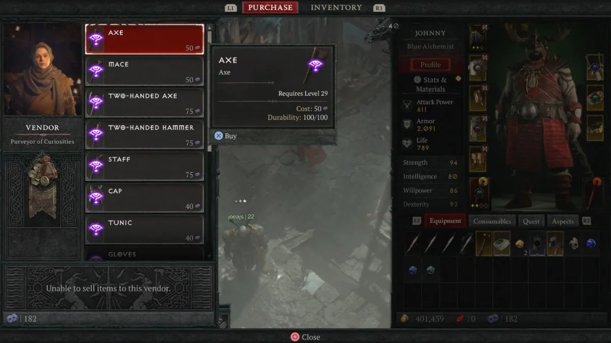 Buying a weapon from the Purveyor of Curiosities Vendor in Diablo 4