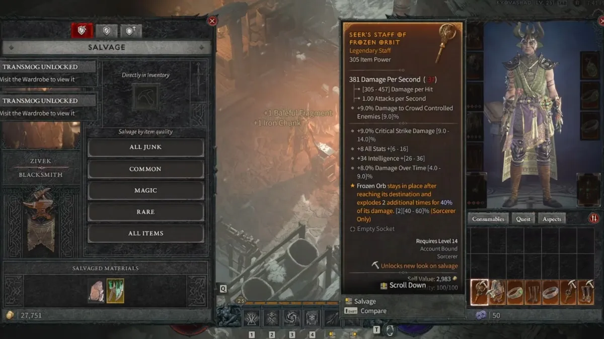 Salvaging Legendary gear at the Blacksmith in Diablo 4