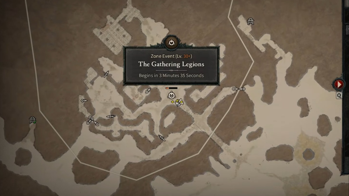 The Gathering Legions event icon  at Kor Dragan in the Fractured Peaks Region on Diablo 4's world map