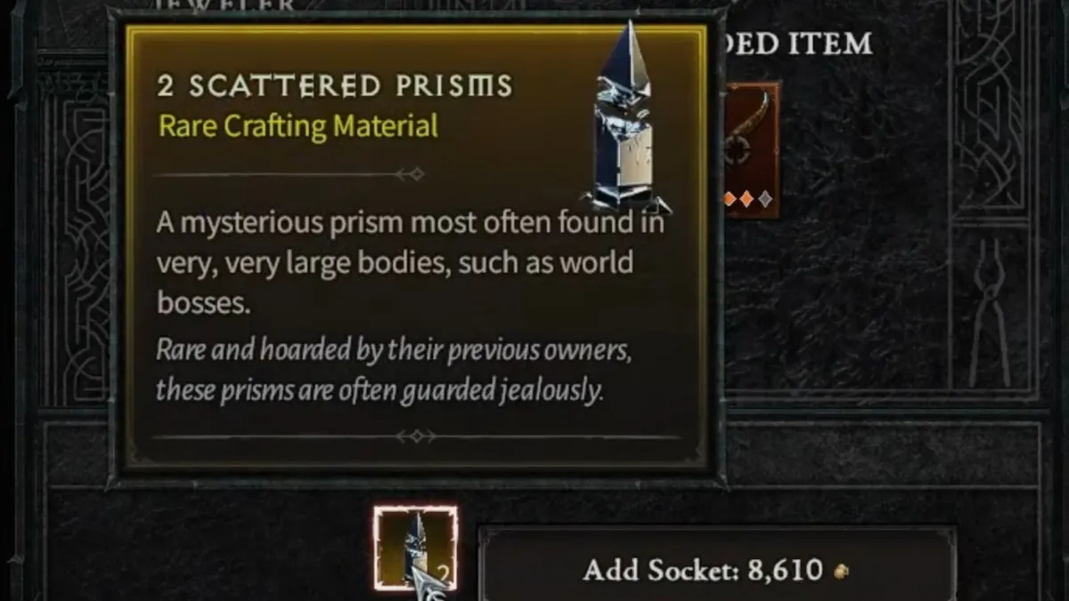 Zoomed in Scattered Prism upgrade material details and description from within the Jeweler Vendor menu in Diablo 4
