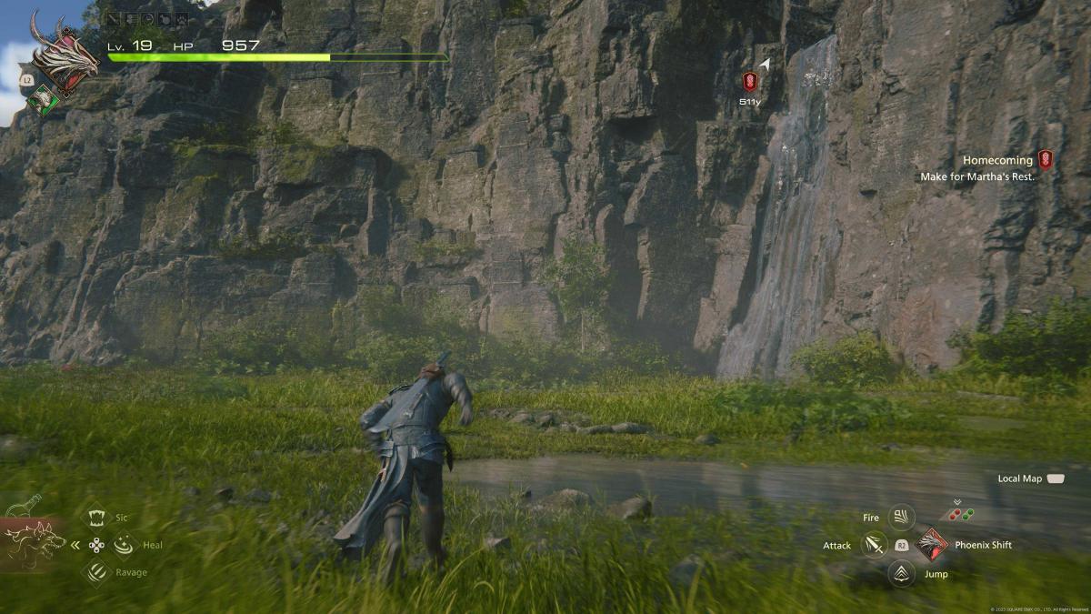 Clive sprinting towards a waterfall in FF16