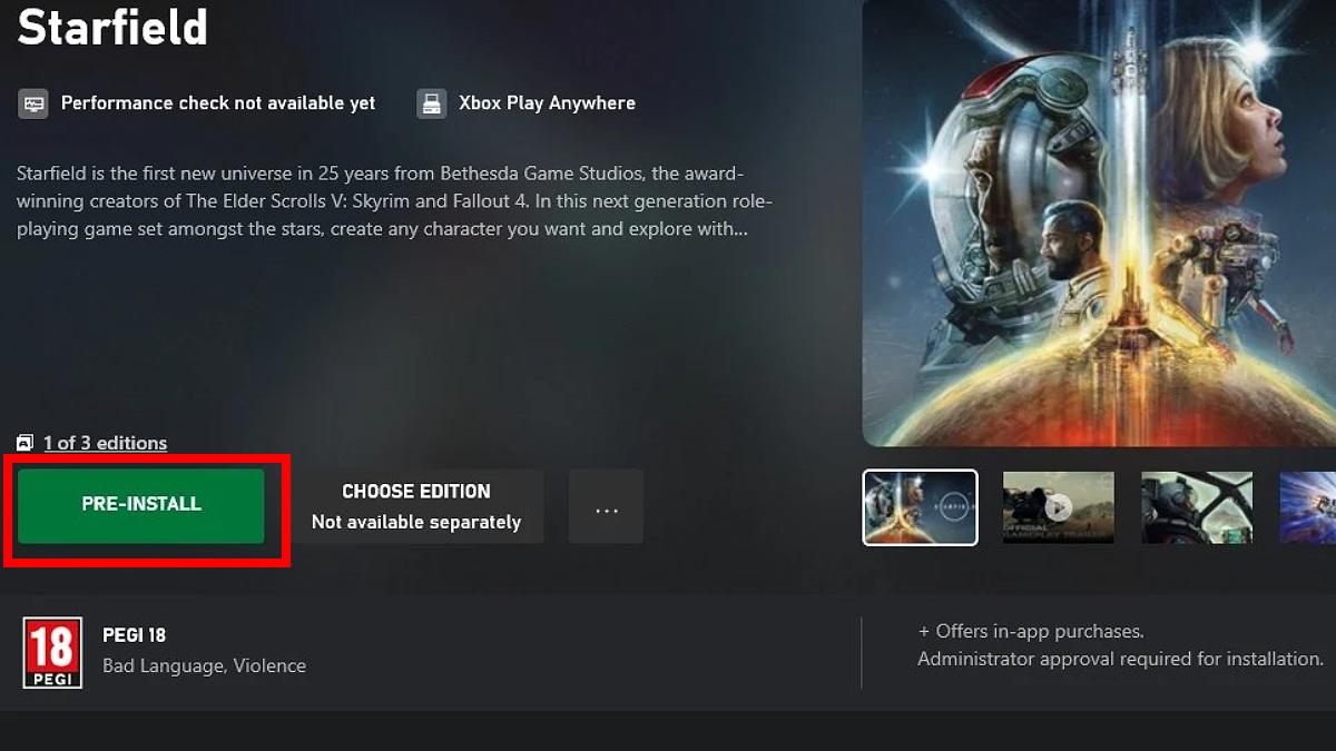 The pre-install page on Starfield store page