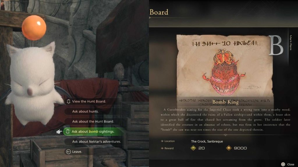 The Hunt Board in FF16 with the King Bomb location on it