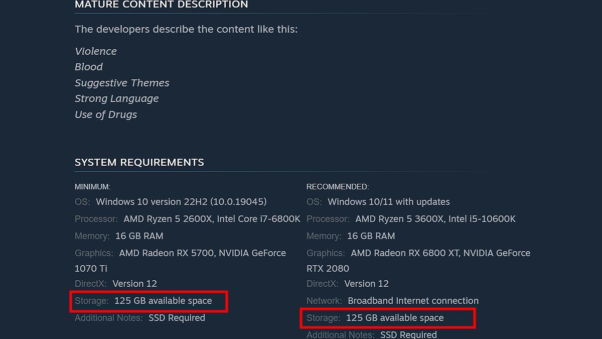 Starfield's Steam file size requirements
