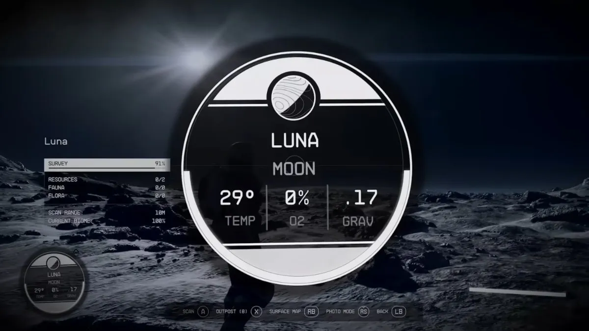 HUD overlay of Chronomark Watch showing moon gravity and temperature with character on the moon in the background in Starfield