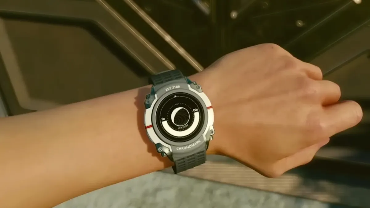 Close up of the Chronomark Watch being worn by in-game character in Starfield 