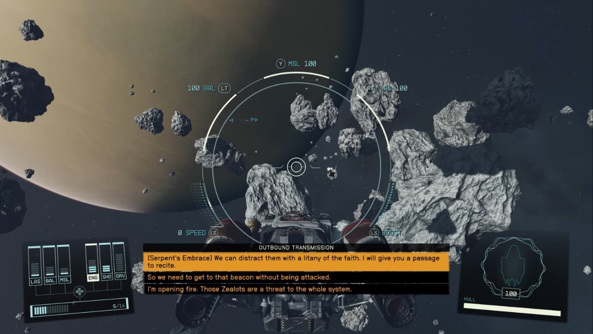Negotiating with faction by using the Serpent's Embrace Trait in a spaceship in orbit in Starfield
