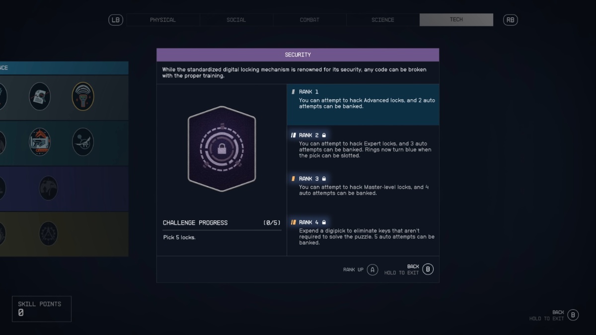 Showing all four ranks of the Security skill in the Skills menu screen in Starfield