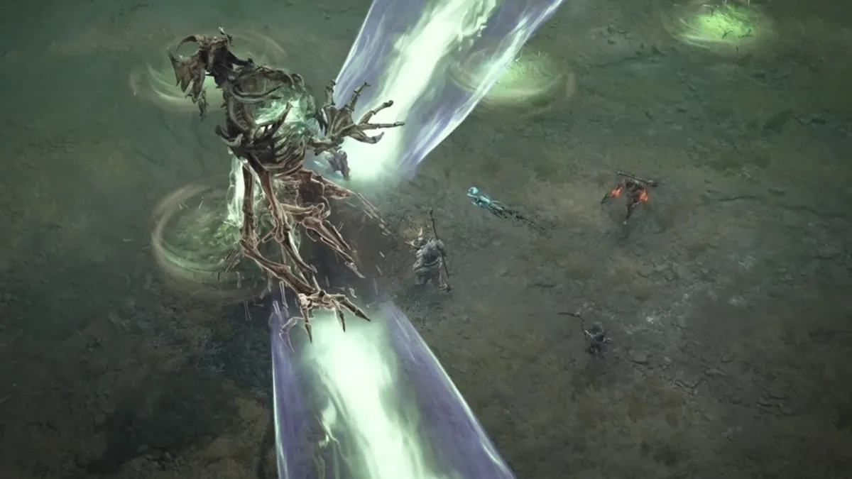 World Boss Event showing three players fighting against the Wandering Death World Boss in Diablo 4