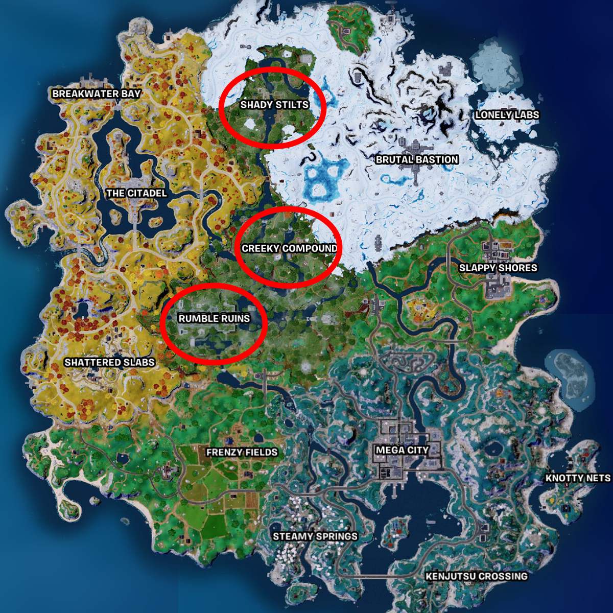 The Fortnite Chapter 4 Season 3 map showing the best locations of Cloak Gauntlets